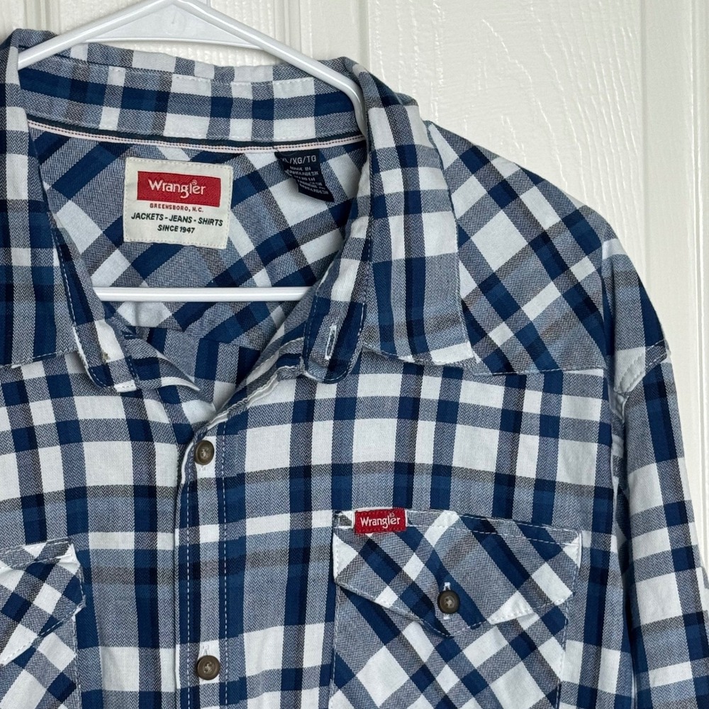 Wrangler Men Long Sleeve‎ Blue White Plaid Western Button Up Shirt XL Vintage